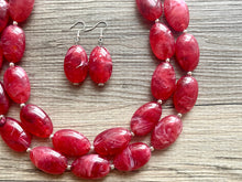 Load image into Gallery viewer, Cherry Red Chunky Statement Necklace, Big beaded jewelry, double strand Statement Necklace, chunky red bib jewelry earrings