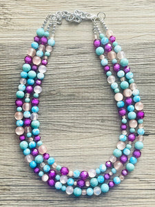 Deja Vu Purple chunky statement necklace & earrings, pink big bead jewelry gifts for women, bib jewelry Multi-Strand beaded turquoise blue