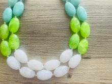 Load image into Gallery viewer, Seafoam &amp; Lime Green Chunky Statement Necklace, Big beaded jewelry, Double Strand Statement Necklace, Bib necklace bridesmaid wedding