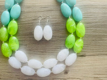 Load image into Gallery viewer, Seafoam &amp; Lime Green Chunky Statement Necklace, Big beaded jewelry, Double Strand Statement Necklace, Bib necklace bridesmaid wedding