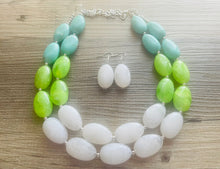 Load image into Gallery viewer, Seafoam &amp; Lime Green Chunky Statement Necklace, Big beaded jewelry, Double Strand Statement Necklace, Bib necklace bridesmaid wedding