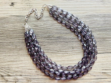 Load image into Gallery viewer, Translucent Smoke Gray 5 strand statement Necklace, Gray Beaded Necklace, summer silver jewelry, bubble bib neutral layer gunmetal