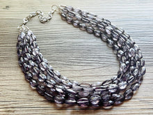 Load image into Gallery viewer, Translucent Smoke Gray 5 strand statement Necklace, Gray Beaded Necklace, summer silver jewelry, bubble bib neutral layer gunmetal