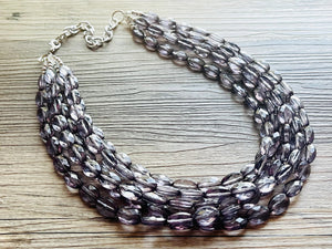 Translucent Smoke Gray 5 strand statement Necklace, Gray Beaded Necklace, summer silver jewelry, bubble bib neutral layer gunmetal