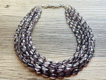 Load image into Gallery viewer, Translucent Smoke Gray 5 strand statement Necklace, Gray Beaded Necklace, summer silver jewelry, bubble bib neutral layer gunmetal