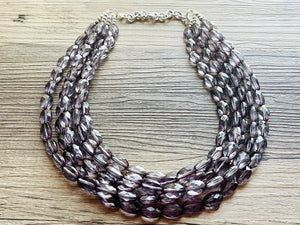 Translucent Smoke Gray 5 strand statement Necklace, Gray Beaded Necklace, summer silver jewelry, bubble bib neutral layer gunmetal