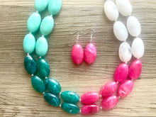 Load image into Gallery viewer, Color Block Double Statement Necklace, Chunky Jewelry Big Beaded Necklace, emerald green teal pink white Necklace, bead bubble earrings