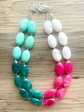 Load image into Gallery viewer, Color Block Double Statement Necklace, Chunky Jewelry Big Beaded Necklace, emerald green teal pink white Necklace, bead bubble earrings