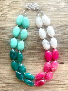 Color Block Double Statement Necklace, Chunky Jewelry Big Beaded Necklace, emerald green teal pink white Necklace, bead bubble earrings