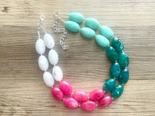 Load image into Gallery viewer, Color Block Double Statement Necklace, Chunky Jewelry Big Beaded Necklace, emerald green teal pink white Necklace, bead bubble earrings
