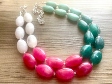 Load image into Gallery viewer, Color Block Double Statement Necklace, Chunky Jewelry Big Beaded Necklace, emerald green teal pink white Necklace, bead bubble earrings