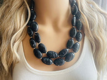 Load image into Gallery viewer, Black Swirl Necklace, double strand jewelry, big beaded chunky statement necklace, black necklace, drop black resin earrings 1 strand