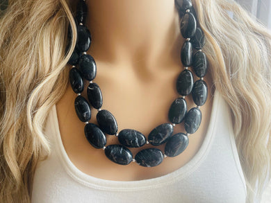 Black Swirl Necklace, double strand jewelry, big beaded chunky statement necklace, black necklace, drop black resin earrings 1 strand