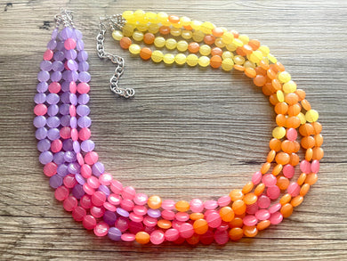 Extra Long Island Summer Sunset Beaded Statement Necklace, beaded jewelry, earrings chunky bib coral yellow orange blush pink purple collar