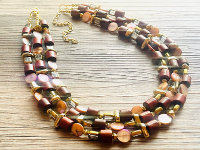 Brown Shell 3 strand statement Necklace, wood Beaded Necklace, summer gold jewelry, triple strand faceted bubble necklace neutral