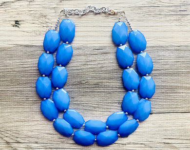 Denim Blue Necklace, Double strand bright dark jewelry, big beaded chunky statement necklace, blue bridesmaid jewelry bib layering bead