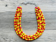 Load image into Gallery viewer, Cobblestone Harvest Chunky Rainbow Beaded Necklace, 5 Strand Colorful Jewelry statement necklace, wood big beaded necklace yellow red orange