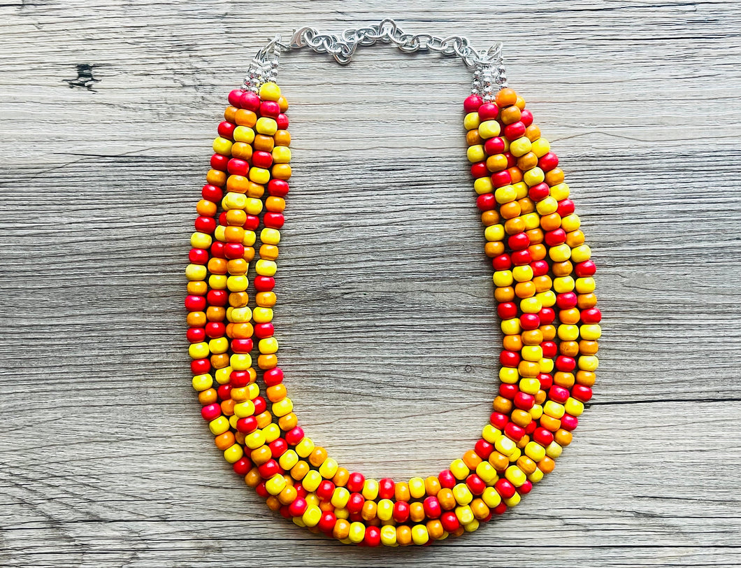 Cobblestone Harvest Chunky Rainbow Beaded Necklace, 5 Strand Colorful Jewelry statement necklace, wood big beaded necklace yellow red orange