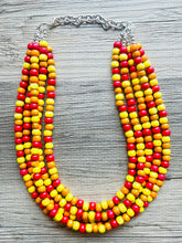 Load image into Gallery viewer, Cobblestone Harvest Chunky Rainbow Beaded Necklace, 5 Strand Colorful Jewelry statement necklace, wood big beaded necklace yellow red orange