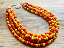 Load image into Gallery viewer, Cobblestone Harvest Chunky Rainbow Beaded Necklace, 5 Strand Colorful Jewelry statement necklace, wood big beaded necklace yellow red orange