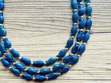 Load image into Gallery viewer, Swimming Fish 3 Strand Royal Blue Necklace, multi strand bright blue jewelry, big beaded chunky necklace, dark blue statement navy