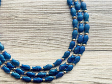 Load image into Gallery viewer, Swimming Fish 3 Strand Royal Blue Necklace, multi strand bright blue jewelry, big beaded chunky necklace, dark blue statement navy