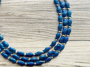 Swimming Fish 3 Strand Royal Blue Necklace, multi strand bright blue jewelry, big beaded chunky necklace, dark blue statement navy