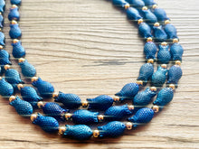 Load image into Gallery viewer, Swimming Fish 3 Strand Royal Blue Necklace, multi strand bright blue jewelry, big beaded chunky necklace, dark blue statement navy