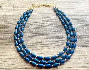 Swimming Fish 3 Strand Royal Blue Necklace, multi strand bright blue jewelry, big beaded chunky necklace, dark blue statement navy