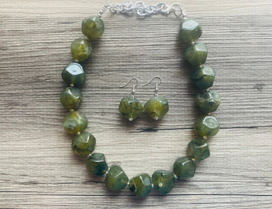 Army Green Chunky Statement Necklace, Big beaded jewelry, Double Strand Statement Necklace, Bib necklace, green bridesmaid wedding camo