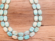 Load image into Gallery viewer, Shell Aqua Light 2 strand Beaded Statement Necklace, Chunky Bib swirls Blue Multi-Strand Jewelry, blue drop earrings, neutral necklace