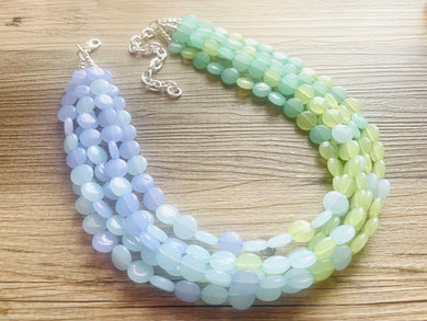 Rainforest Island Sunset Beaded Statement Necklace, beaded jewelry, earrings chunky bib 5 strand lime emerald periwinkle sky blue collar
