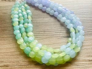 Rainforest Island Sunset Beaded Statement Necklace, beaded jewelry, earrings chunky bib 5 strand lime emerald periwinkle sky blue collar