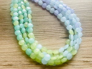 Rainforest Island Sunset Beaded Statement Necklace, beaded jewelry, earrings chunky bib 5 strand lime emerald periwinkle sky blue collar