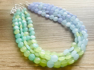 Rainforest Island Sunset Beaded Statement Necklace, beaded jewelry, earrings chunky bib 5 strand lime emerald periwinkle sky blue collar