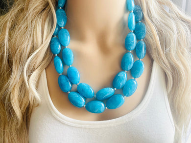 Caribbean Blue 2 strand Beaded Statement Necklace, Chunky Bib Multi-Strand Jewelry, blue drop earrings, neutral necklace turquoise aqua