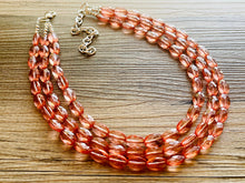 Load image into Gallery viewer, Translucent Coral 3 strand statement Necklace, Peach Beaded Necklace, summer silver jewelry, bubble bib neutral layer coral pink