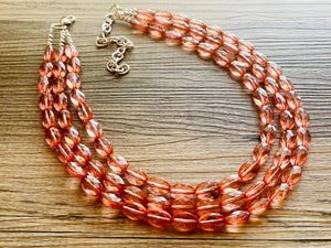 Translucent Coral 3 strand statement Necklace, Peach Beaded Necklace, summer silver jewelry, bubble bib neutral layer coral pink