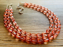 Load image into Gallery viewer, Translucent Coral 3 strand statement Necklace, Peach Beaded Necklace, summer silver jewelry, bubble bib neutral layer coral pink