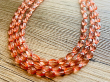 Load image into Gallery viewer, Translucent Coral 3 strand statement Necklace, Peach Beaded Necklace, summer silver jewelry, bubble bib neutral layer coral pink