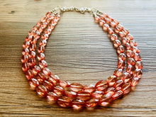 Load image into Gallery viewer, Translucent Coral 3 strand statement Necklace, Peach Beaded Necklace, summer silver jewelry, bubble bib neutral layer coral pink