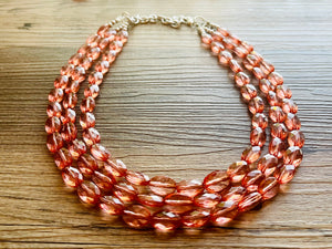 Translucent Coral 3 strand statement Necklace, Peach Beaded Necklace, summer silver jewelry, bubble bib neutral layer coral pink