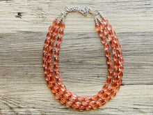 Load image into Gallery viewer, Translucent Coral 3 strand statement Necklace, Peach Beaded Necklace, summer silver jewelry, bubble bib neutral layer coral pink