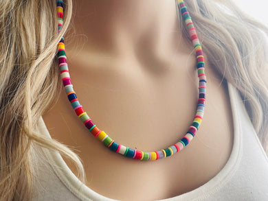 Rainbow Statement Necklace, candy chunky single strand jewelry, yellow red green sky blue necklace, single strand silver necklace colorful