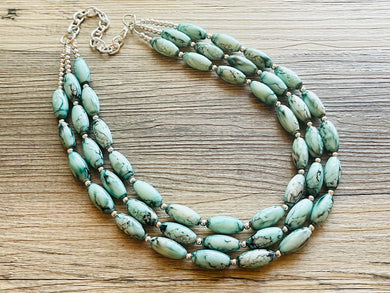 Emerald Green + White 3 strand Beaded Statement Necklace, Chunky Bib white and green thick Strand Jewelry tie dye swirl earrings bib glass