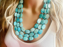 Load image into Gallery viewer, Shell Aqua Light 3 strand Beaded Statement Necklace, Chunky Bib swirls Blue Multi-Strand Jewelry, blue drop earrings, neutral necklace