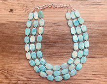 Load image into Gallery viewer, Shell Aqua Light 3 strand Beaded Statement Necklace, Chunky Bib swirls Blue Multi-Strand Jewelry, blue drop earrings, neutral necklace