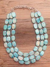 Load image into Gallery viewer, Shell Aqua Light 3 strand Beaded Statement Necklace, Chunky Bib swirls Blue Multi-Strand Jewelry, blue drop earrings, neutral necklace