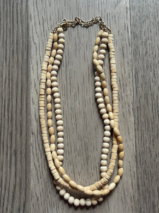 Gray Birch or Black Wood 3 Strand Beaded Necklace, vintage tan Jewelry Chunky statement necklace, big beaded necklace geometric boho painted