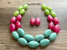 Load image into Gallery viewer, Color Block Double Statement Necklace, Chunky Jewelry Big Beaded Necklace, emerald green teal pink lime Necklace, bead bubble earrings